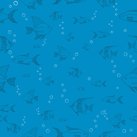 Seamless blue fish pattern doodle hand drawn vector illustrationのイラスト素材