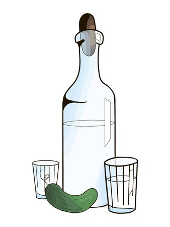 Bottle with vodka and cucumber hand drawn doodle vector illustrationのイラスト素材