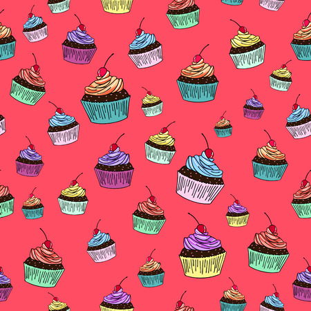 Cupcake seamless vector doodle hand drawn background illustrationのイラスト素材
