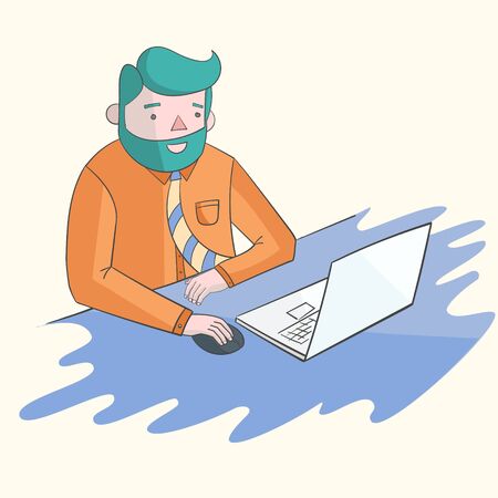 Hipster man beard with notebook laptop vivid color doodle hand drawn vector illustrationのイラスト素材