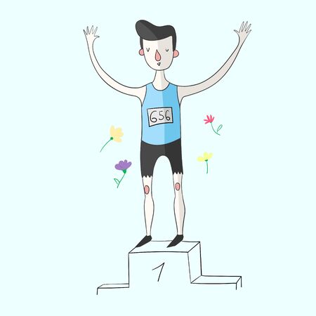Sportsman won the first place doodle hand drawn vector illustrationのイラスト素材