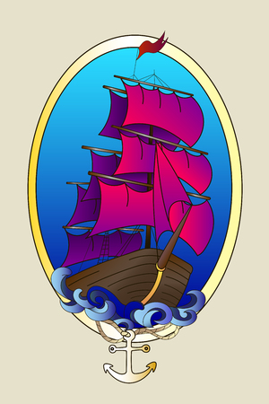 Tattoo ship color hand drawn doodle vector illustrationのイラスト素材