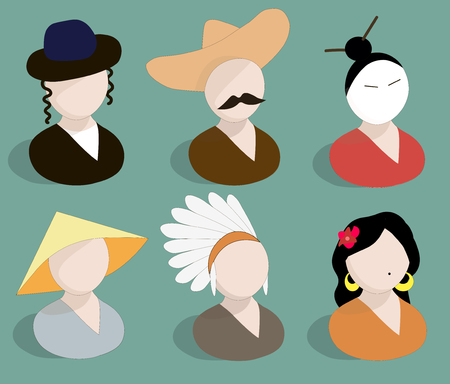 Avatars traditional national suits doodle hand drawn vector illustrationのイラスト素材