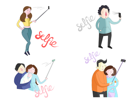 Selfie doodle hand drawn illustrations of people with smartphonesのイラスト素材