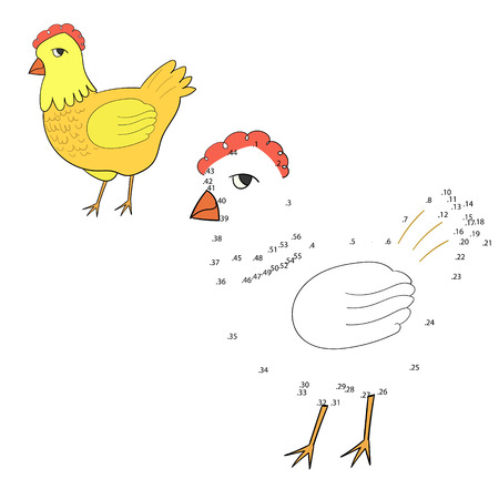 Connect the dots game hen chicken doodle hand drawn cartoon vector illustrationのイラスト素材