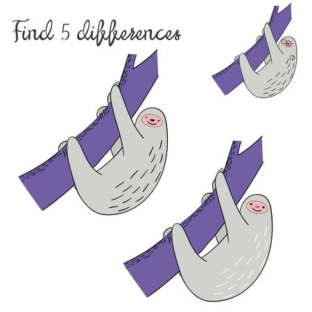 Find differences kids layout for game sloth doodle hand drawn cartoon vector illustrationのイラスト素材