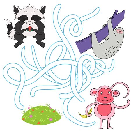 Help meet friends in the meadow child game cartoon hand drawn doodle vector illustrationのイラスト素材