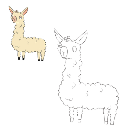 Connect the dots game lama doodle cartoon hand drawn vector illustrationのイラスト素材