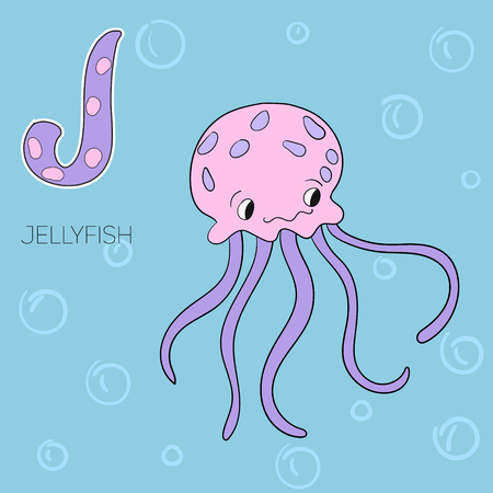 Alphabet letter J jellyfish children doodle cartoon hand drawn vector illustrationのイラスト素材