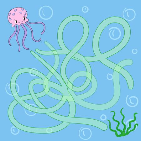 Layout for game labyrinth find a way jellyfish doodle cartoon hand drawn vector illustrationのイラスト素材