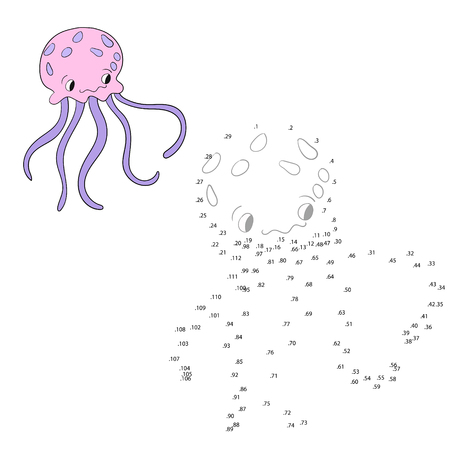 Connect the dots game jellyfish doodle cartoon hand drawn vector illustrationのイラスト素材
