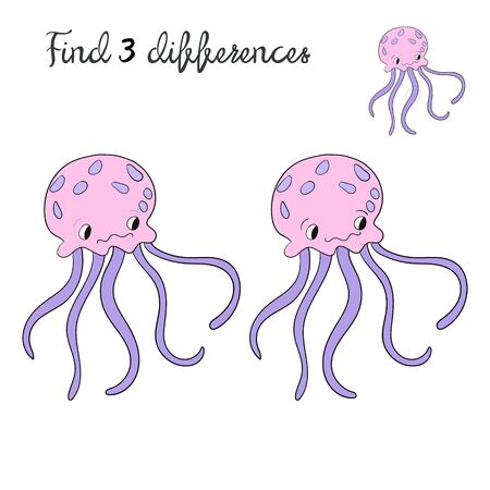 Find differences kids layout for game jellyfish doodle cartoon hand drawn vector illustrationのイラスト素材