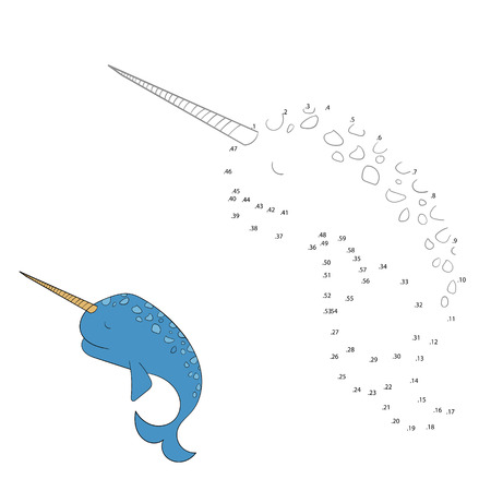 Connect the dots game narwhal doodle cartoon hand drawn vector illustrationのイラスト素材