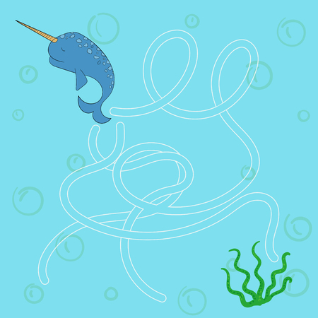 Layout for game labyrinth find a way narwhal doodle cartoon hand drawn vector illustrationのイラスト素材