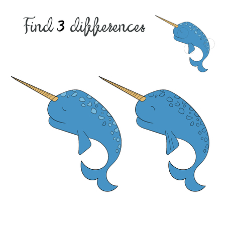 Find differences kids layout for game narwhal  doodle cartoon hand drawn vector illustrationのイラスト素材