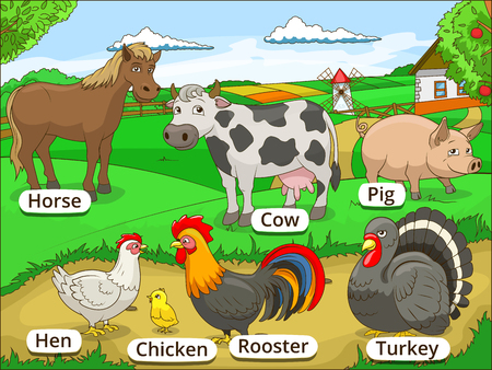 Farm animals with names cartoon educational illustrationのイラスト素材