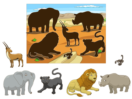 Match the  animals to their shadows child game cartoon colorful vector illustrationのイラスト素材