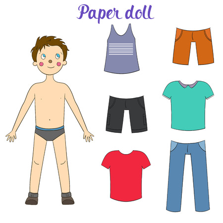 Paper doll boy and clothes cartoon doodle hand drawn vector illustrationのイラスト素材