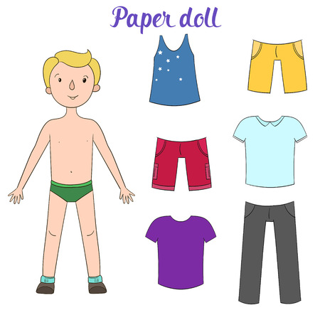 Paper doll boy and clothes cartoon doodle hand drawn vector illustrationのイラスト素材