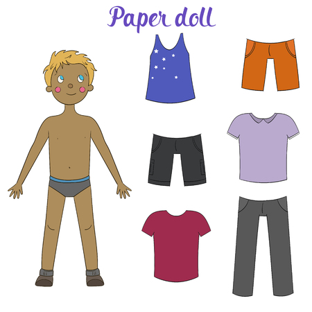 Paper doll boy and clothes cartoon doodle hand drawn vector illustrationのイラスト素材