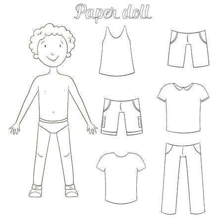 Paper doll boy and clothes coloring book cartoon doodle hand drawn vector illustrationのイラスト素材