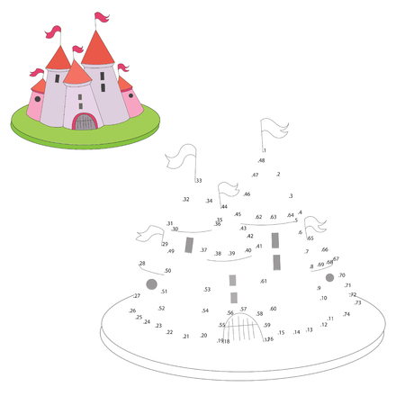Educational game for children connect the dots to draw cartoon castle hand drawn doodle vector illustrationのイラスト素材