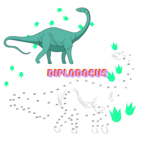 Educational game for children connect the dots to draw dinosaur cartoon doodle hand drawn vector illustrationのイラスト素材