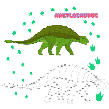 Educational game for children connect the dots to draw dinosaur cartoon doodle hand drawn vector illustrationのイラスト素材