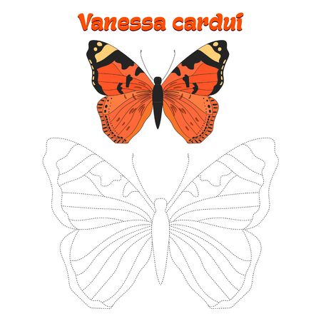 Educational game for children connect the dots to draw butterfly cartoon doodle hand drawn vector illustrationのイラスト素材