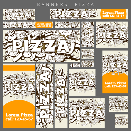Pizza banners ads hand drawn title design colorful vector illustrationのイラスト素材