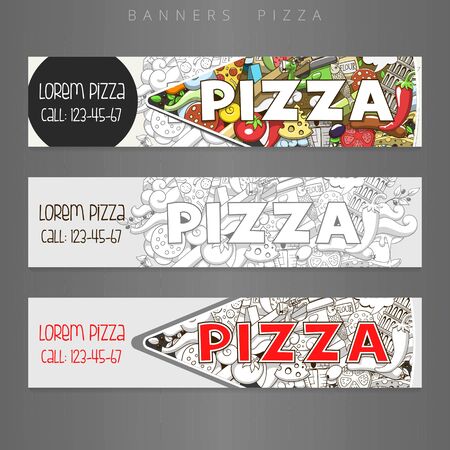 Pizza banners ads hand drawn title design colorful vector illustrationのイラスト素材