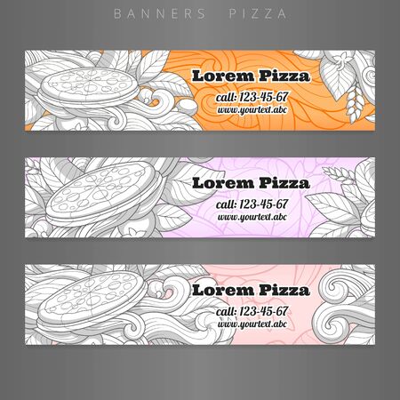 Banner ads hand drawn colorful ornament pizza design. Vector illustrationのイラスト素材