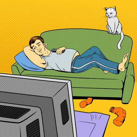 Man lying on couch sofa and lazy watching TV vector illustration. Comic book imitationのイラスト素材
