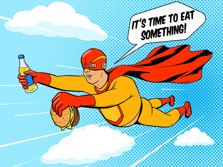Superhero fat man with burger cartoon pop art retro style vector illustration. Comic book style imitationのイラスト素材