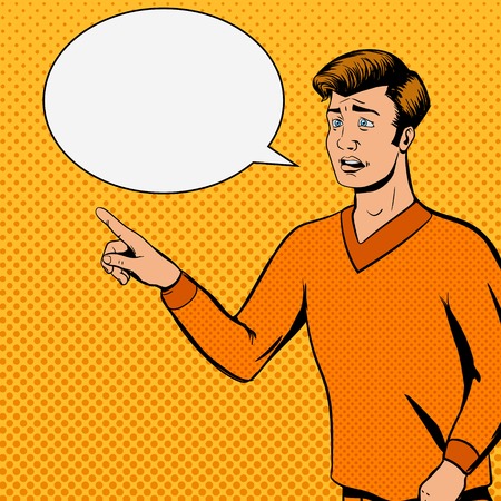 Comic strip man talks with sad face vector illustration. Comic book imitation. Pop art retro styleのイラスト素材