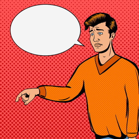 Comic strip man talks with sad face vector illustration. Comic book imitation. Pop art retro styleのイラスト素材