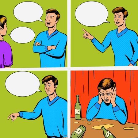 Comic strip with debate of two persons and disappointing vector illustration. Comic book imitation....