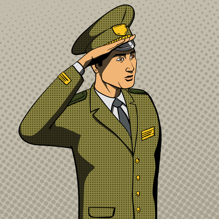 Military man salutes pop art style vector illustration. Comic book imitationのイラスト素材