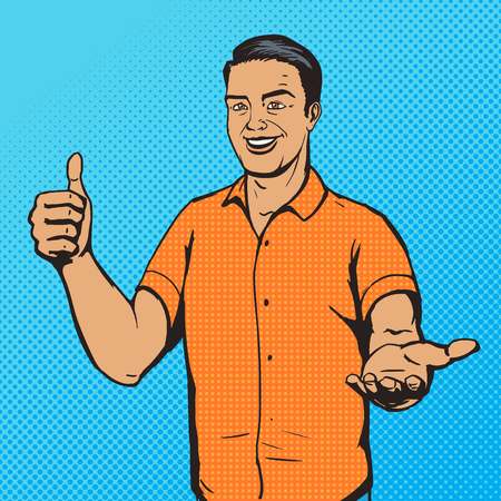 Man shows thumb gesture pop art style vector illustration. Comic book imitationのイラスト素材