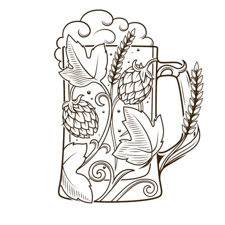 Beer mug abstract ornament vector illustration. Engraving styleのイラスト素材