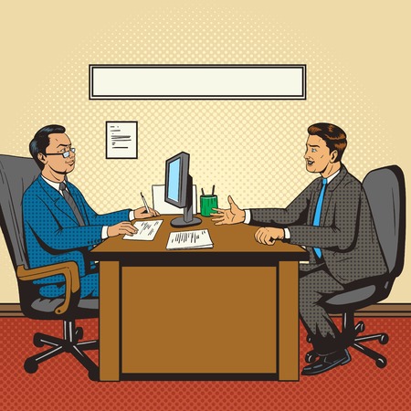 Men in office talk pop art retro style vector illustration. Comic book style imitation. Guy at the interviewのイラスト素材
