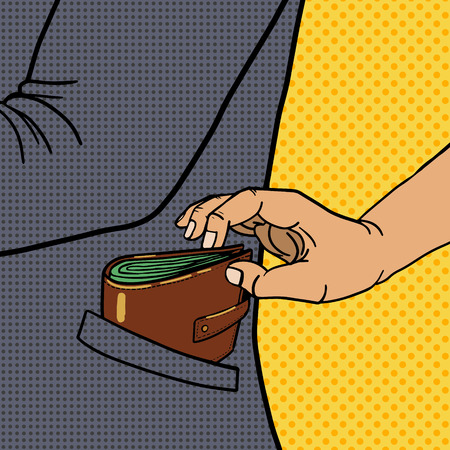Thief steals wallet from pocket pop art style vector illustration. Comic book imitation. Crime illustrationのイラスト素材