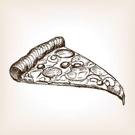 Pizza slice sketch style  vector illustration. Old hand drawn engraving imitation. Loaf of bread illustrationのイラスト素材