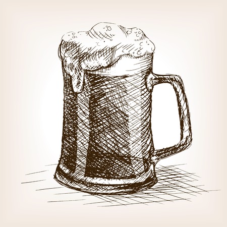 Beer mug sketch style vector illustration. Old engraving imitation. Beer cup hand drawn sketch imitationのイラスト素材