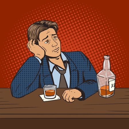 Man with bad mood drinks in bar pop art style vector illustration. Comic book style imitation. Vintage retro style. Conceptual illustrationのイラスト素材