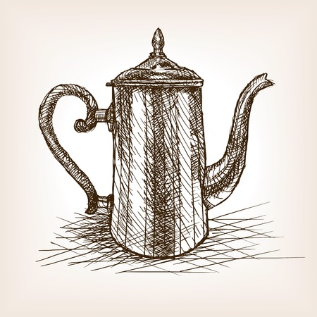 Tea pot vintage sketch style vector illustration. Old engraving imitation. Tea pot hand drawn sketch imitation.のイラスト素材