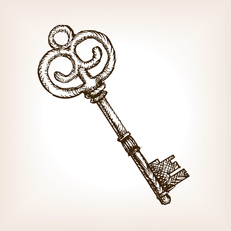 Vintage key sketch style vector illustration. Old engraving imitation. Old key hand drawn sketch imitation.のイラスト素材