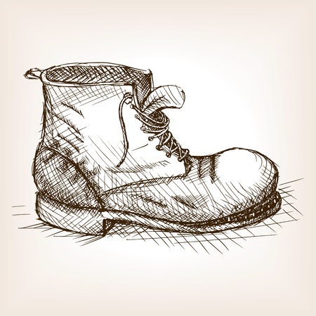 Old boot sketch style vector illustration. Old engraving imitation. Ragged boot hand drawn sketch imitation.のイラスト素材