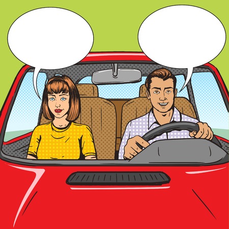Family couple in car pop art style vector illustration.  Comic book style imitation. Vintage retro style. Conceptual illustrationのイラスト素材
