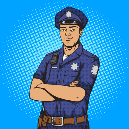 Policeman pop art style vector illustration. Police officer. Comic book style imitation. Vintage...
